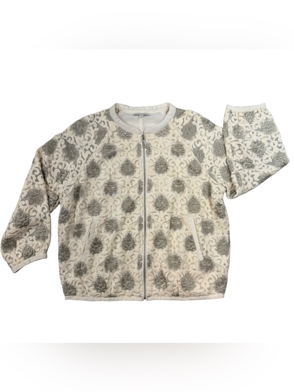 Rebecca Minkoff Embroidered Bomber: Small Cream Metallic Textured Zip Jacket